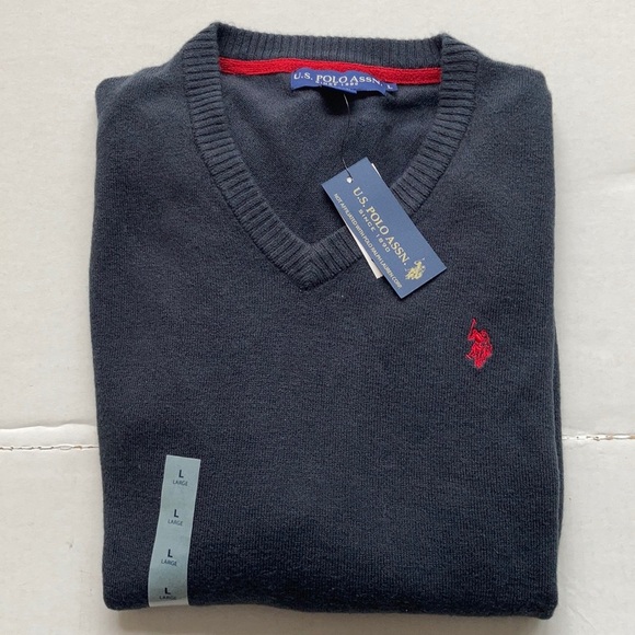 Polo navy vneck pull over long sleeve sweater - Picture 2 of 15